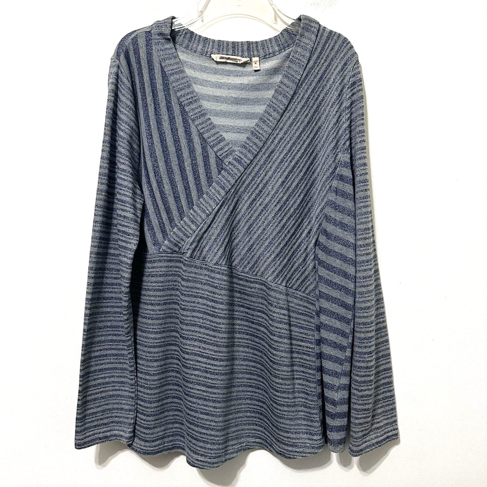 Soft Surroundings Claudine Knit Top Tunic M Blue V Neck Casual Work Shirt Stripe